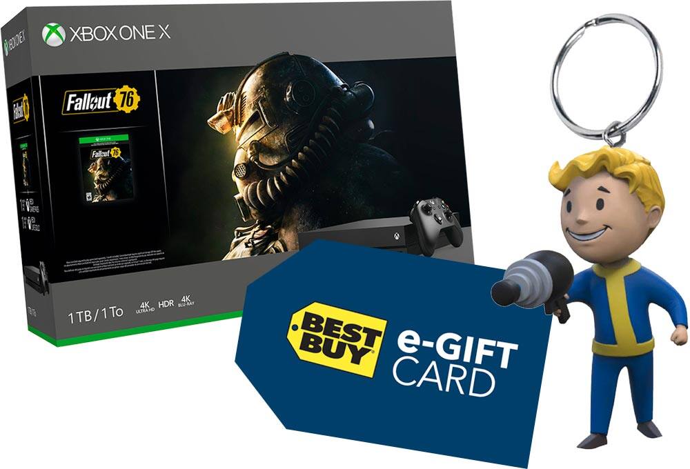 Video game console, keychain and Best Buy e-gift card