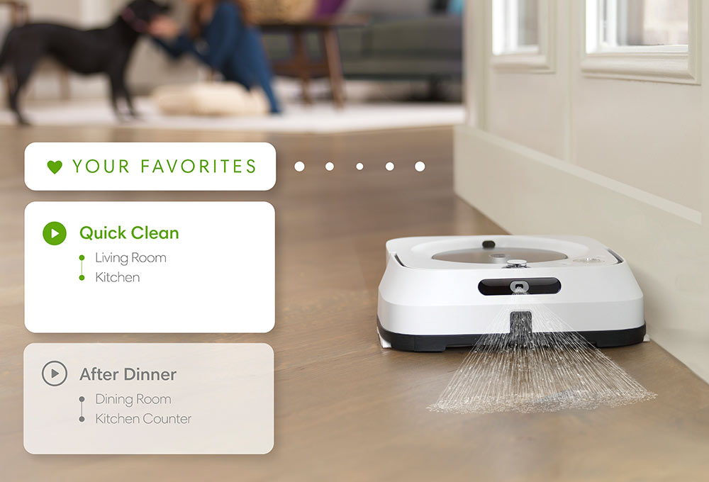 Robot mop cleaning floor with a person and a dog in the background, images with cleaning options that say, your favorites, quick clean, living room, kitchen, after dinner, dining room, kitchen counter