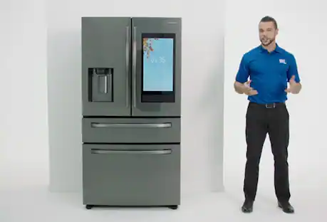Best Buy blue shirt and Refrigerator
