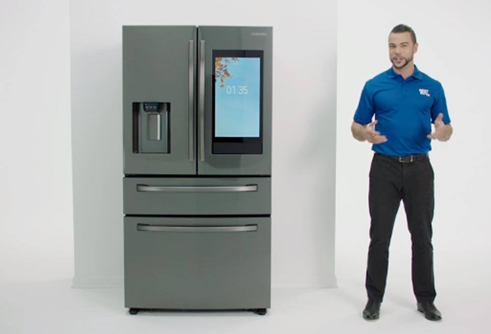 Best Buy blue shirt and Refrigerator