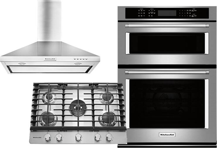 Single wall oven with built-in microwave, cooktop, range hood