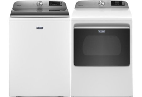White top-loading washer and front-loading dryer with black doors