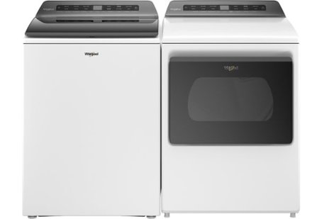 White top-loading washer and front-loading dryer with black doors