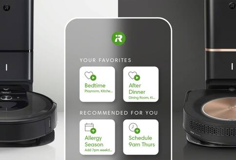 Robot vacuums on base units, app on smartphone reading, "Your favorites: Bedtime (playroom, kitchen), After dinner (dining room, kitchen). Recommended for you: Allergy season, add 7 p.m. weekday, schedule 9 a.m. Thursday."