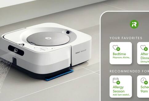 Robot mop, app on smartphone reading, "Your favorites: Bedtime (playroom, kitchen), After dinner (dining room, kitchen). Recommended for you: Allergy season, add 7 p.m. weekday, schedule 9 a.m. Thursday."