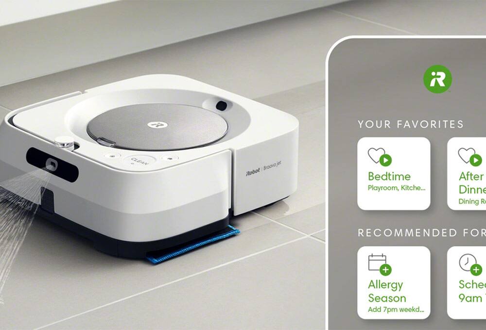 Robot mop, app on smartphone reading, "Your favorites: Bedtime (playroom, kitchen), After dinner (dining room, kitchen). Recommended for you: Allergy season, add 7 p.m. weekday, schedule 9 a.m. Thursday."