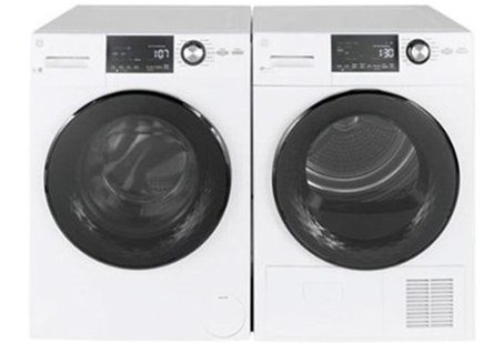 White font-loading washer and dryer with black doors and control panel centered