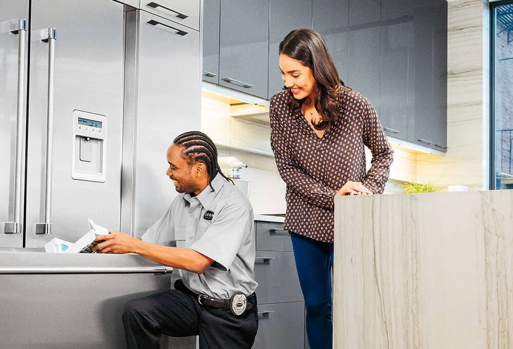 Agent and woman with appliances