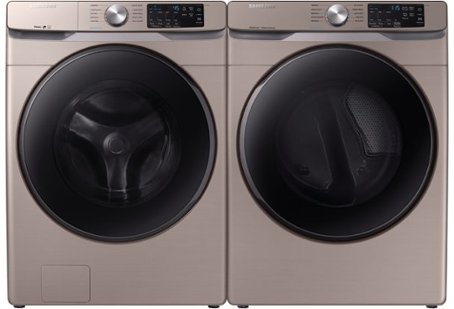 Champagne front-loading washer and dryer with silver knobs