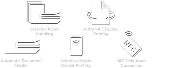 Versatile paper handling, automatic duplex printing, adjustable paper tray up to 150 sheets, automatic document feeder, wireless mobile device printing (see footnote), NFC one-touch connection (see footnote)