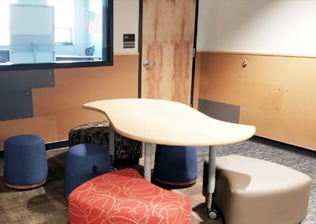 Chairs, table and whiteboard