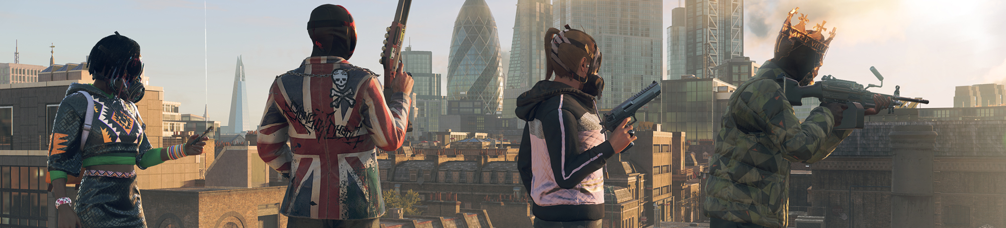 Four people holding guns looking out over a city