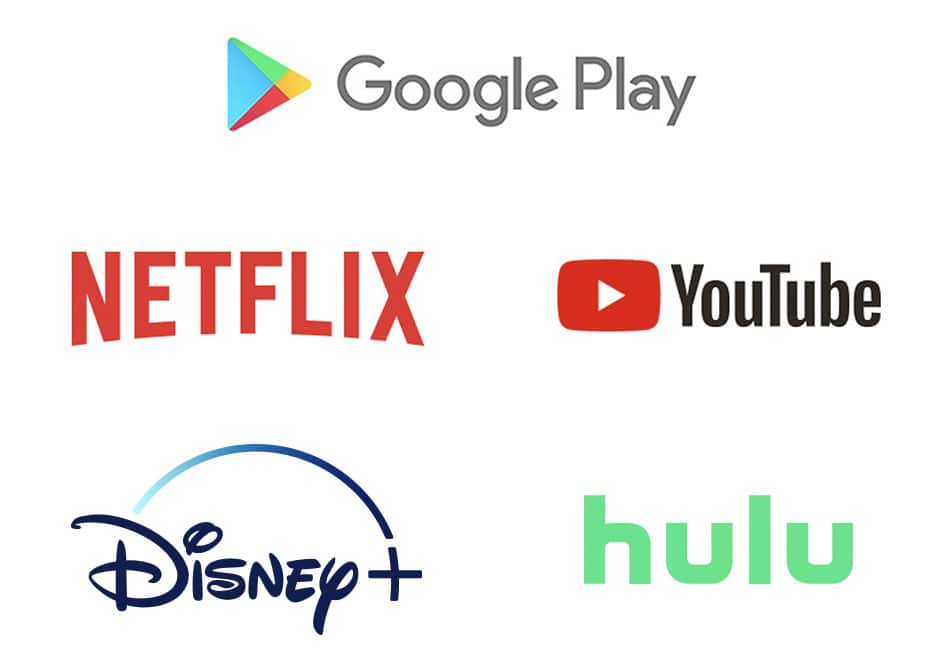 Google Play, YouTube, Netflix, Disney+, Hulu