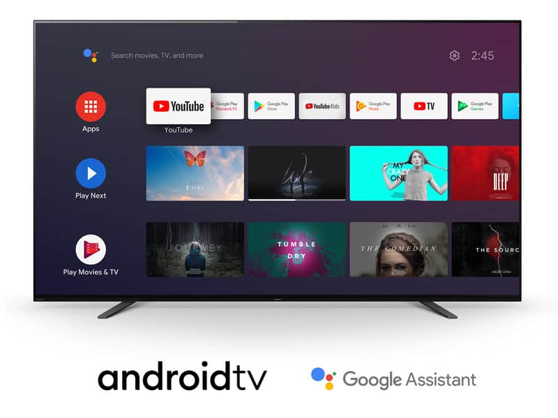 TV displaying apps, Android TV, Google Assistant