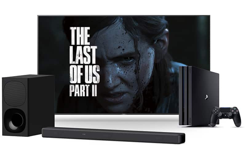 TV, game console, game controller, sound bar, subwoofer