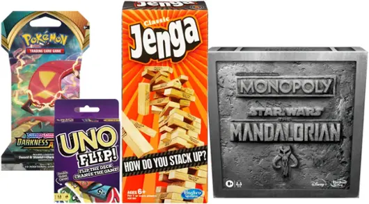 Board game, stacking game, trading cards