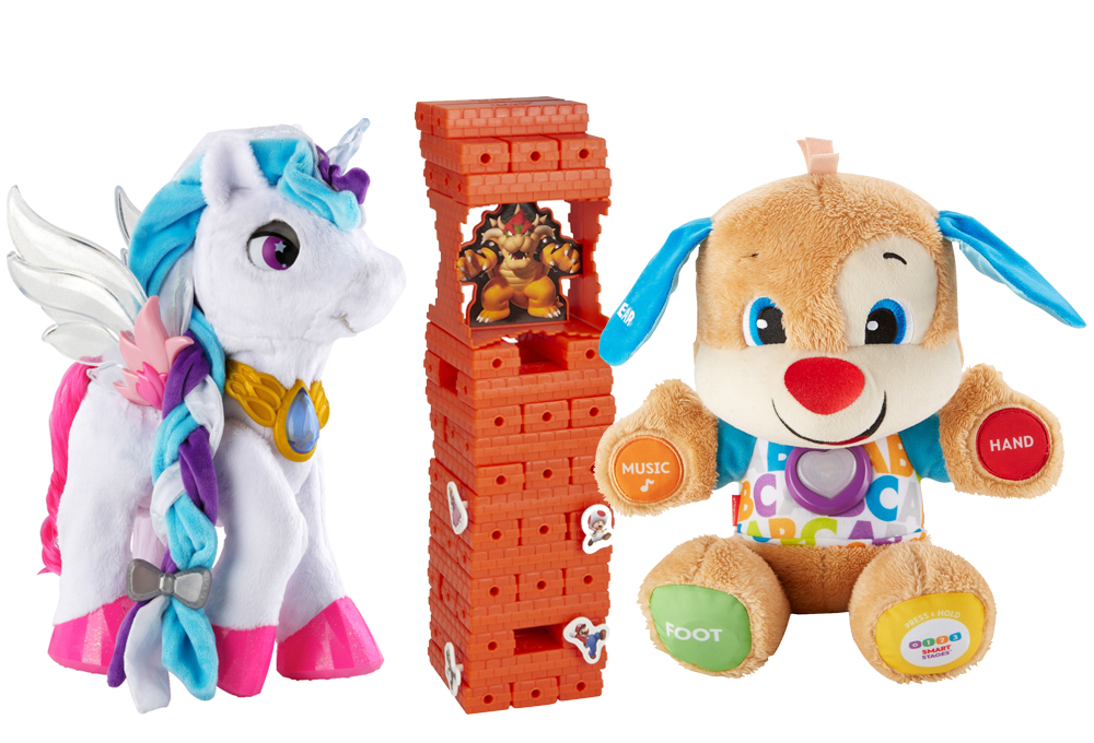 Unicorn doll, toy tower, toy dog