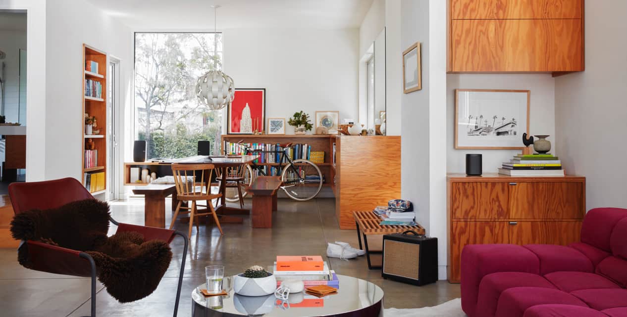 Home living room, dining room table with speakers
