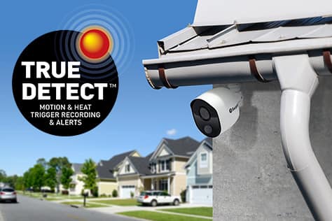 Security camera on house, True Detect motion and heat trigger recording and alerts