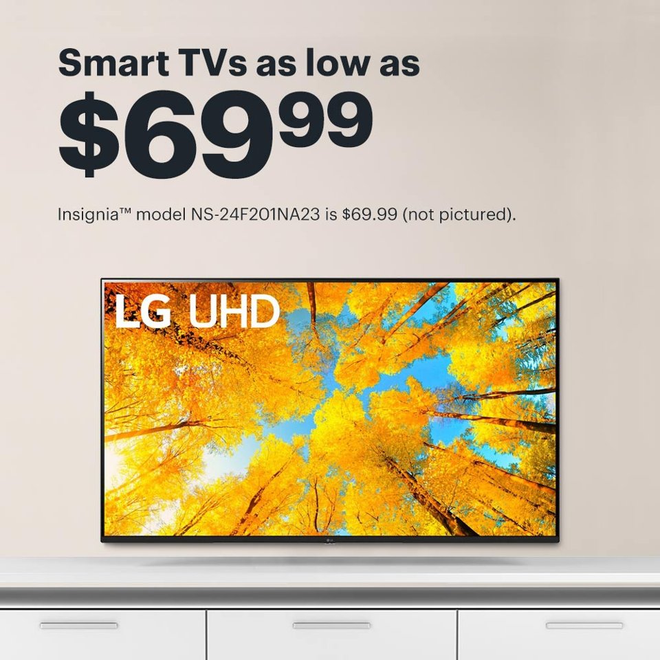Smart TVs as low as $69.99. Insignia™ model NS-24F201NA23 is $69.99 (not pictured).