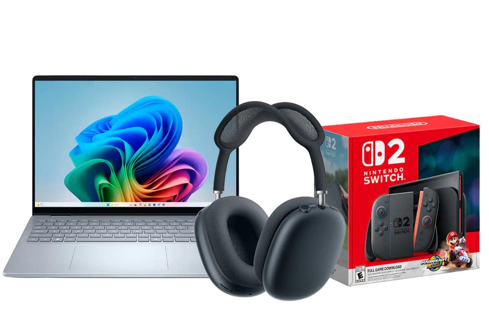 Laptop, headphones, gaming console