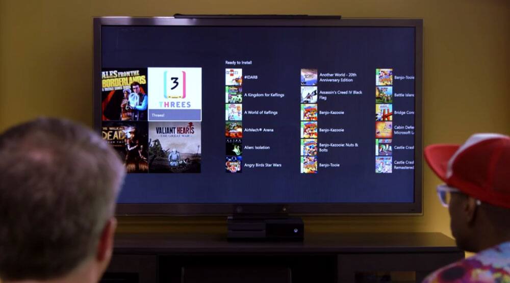 Two men looking at television