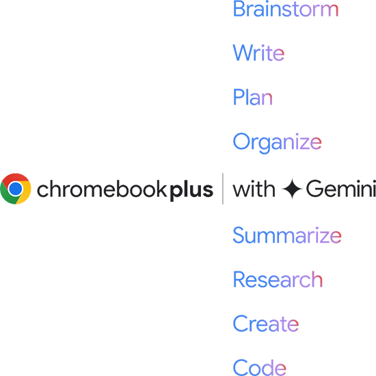 Chromebook Plus with Gemini; brainstorm, write, plan, organize, summarize, research, create, code
