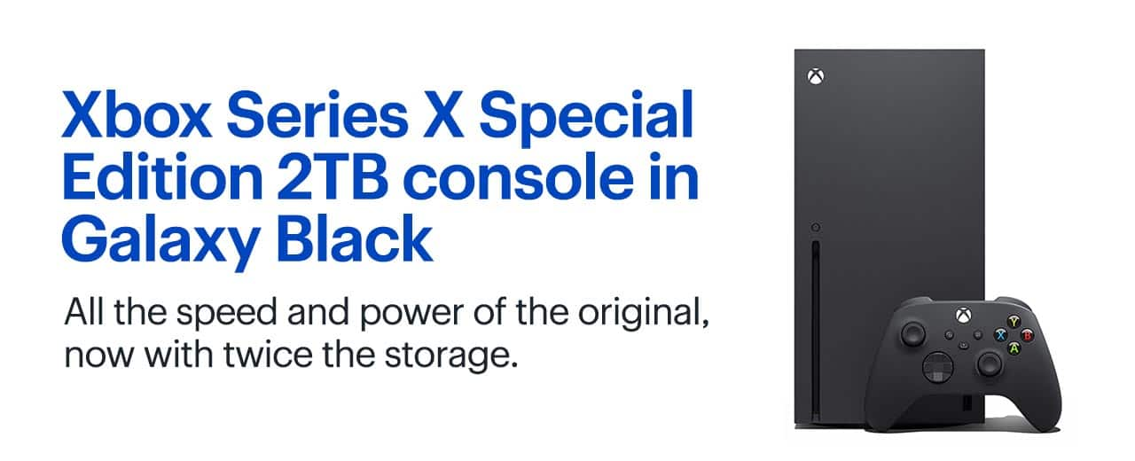 Xbox Series X Special Edition 2TB console in Galaxy Black. All the speed and power of the original, now with twice the storage. 