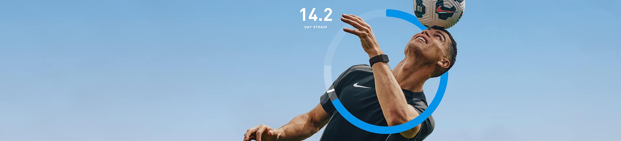 Soccer player wearing fitness tracker, 14.2 day strain