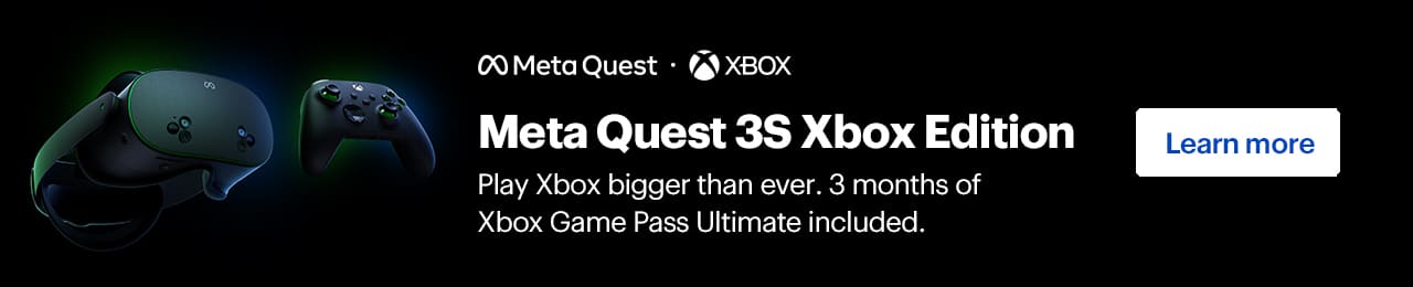Meta Quest 3S Xbox Edition. Play Xbox bigger than ever. 3 months of Xbox Game Pass Ultimate included. Shop now. Virtual reality headset and controllers