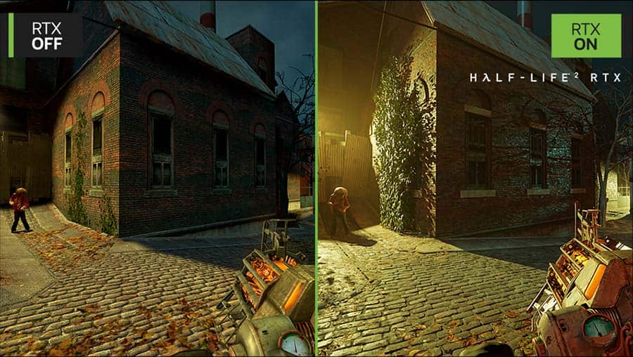 Image comparison, RTX off versus RTX on in the game Half-Life 2 RTX