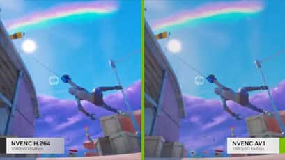 Image comparison, NVENC H.264 versus NVENC AV1, both at 1080p60 6 Mbps