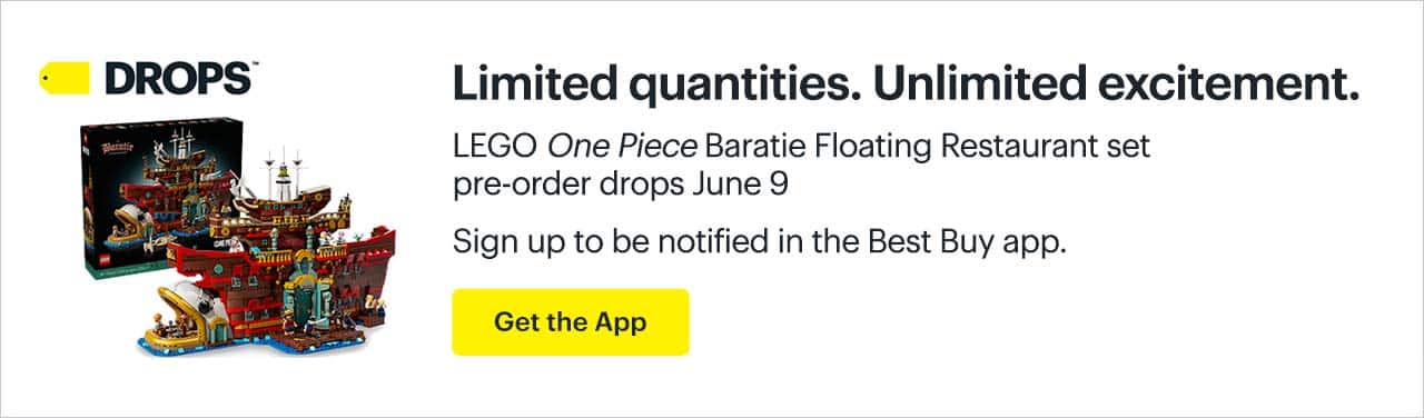 Limited quantities. Unlimited excitement. LEGO One Piece Baratie Floating Restaurant set pre-order drops June 9. Sign up to be notified in the Best Buy app. Get the app.