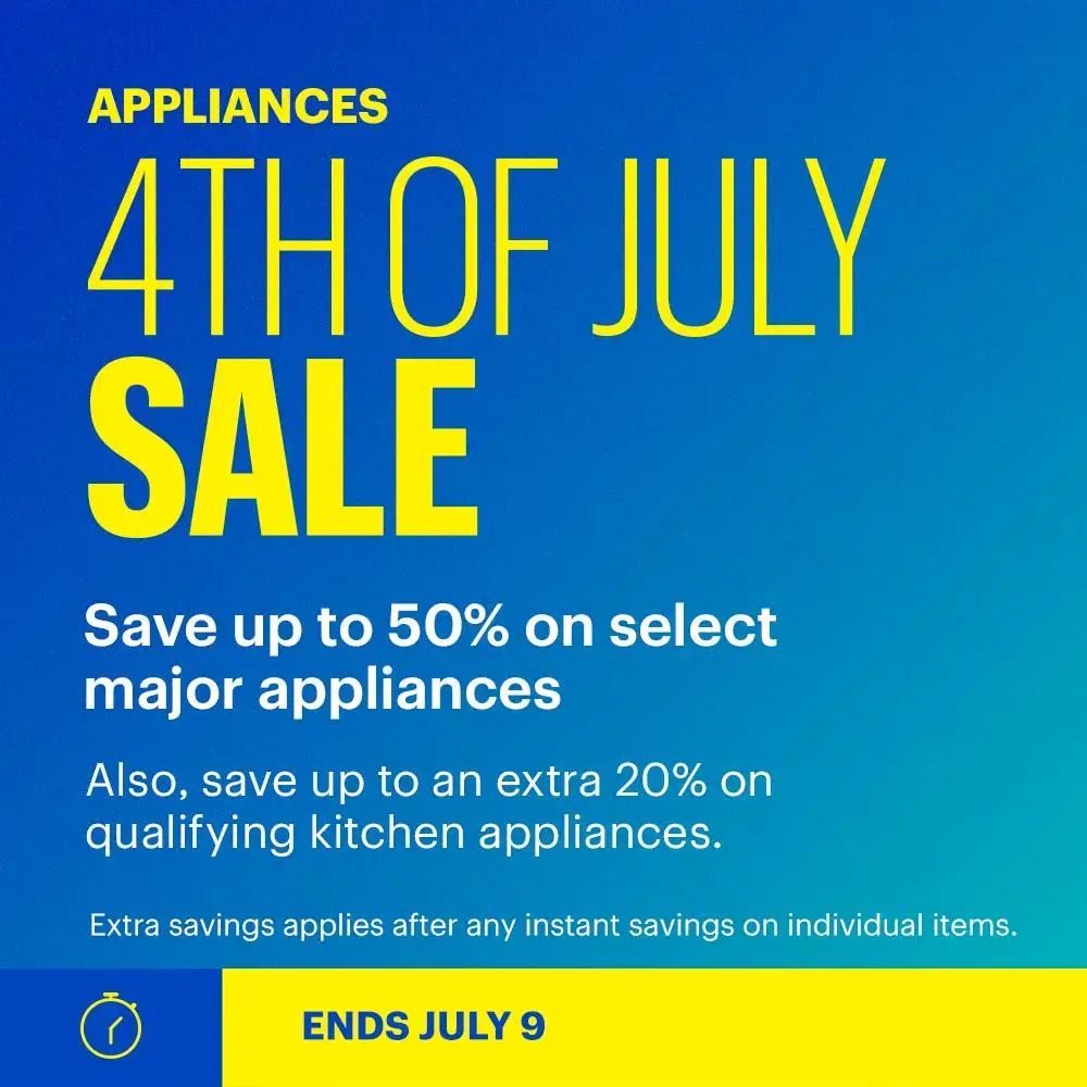 Save up to 50% on select major appliances. Also, save up to an extra 20% on qualifying kitchen appliances. Extra savings applies after any instant savings on individual items.