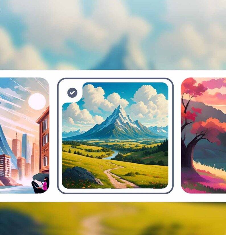 A carousel shows multiple image options, with the middle image selected