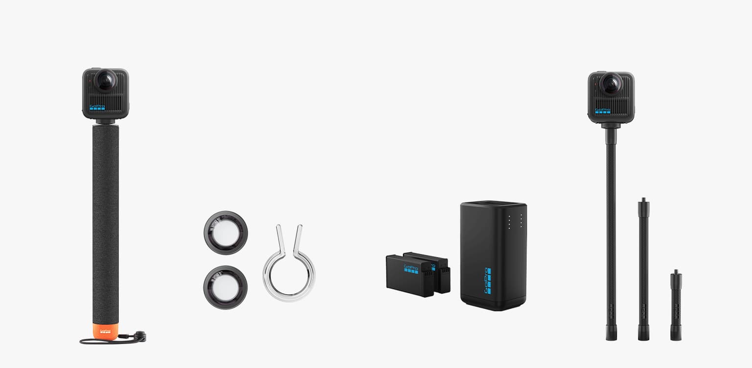 Extension poles, lens, battery and charger