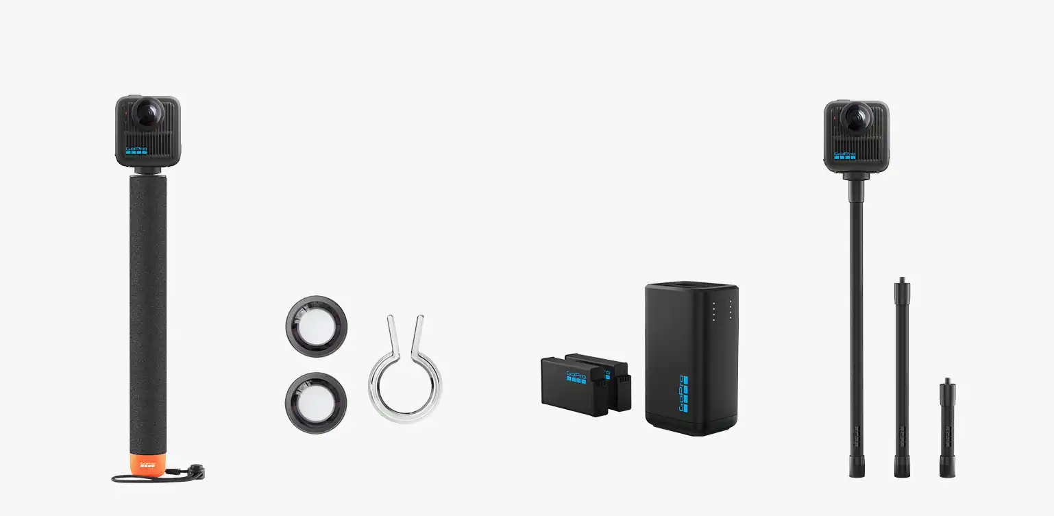 Extension poles, lens, battery and charger
