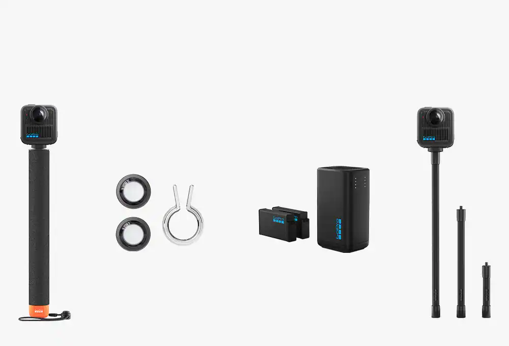 Extension poles, lens, battery and charger