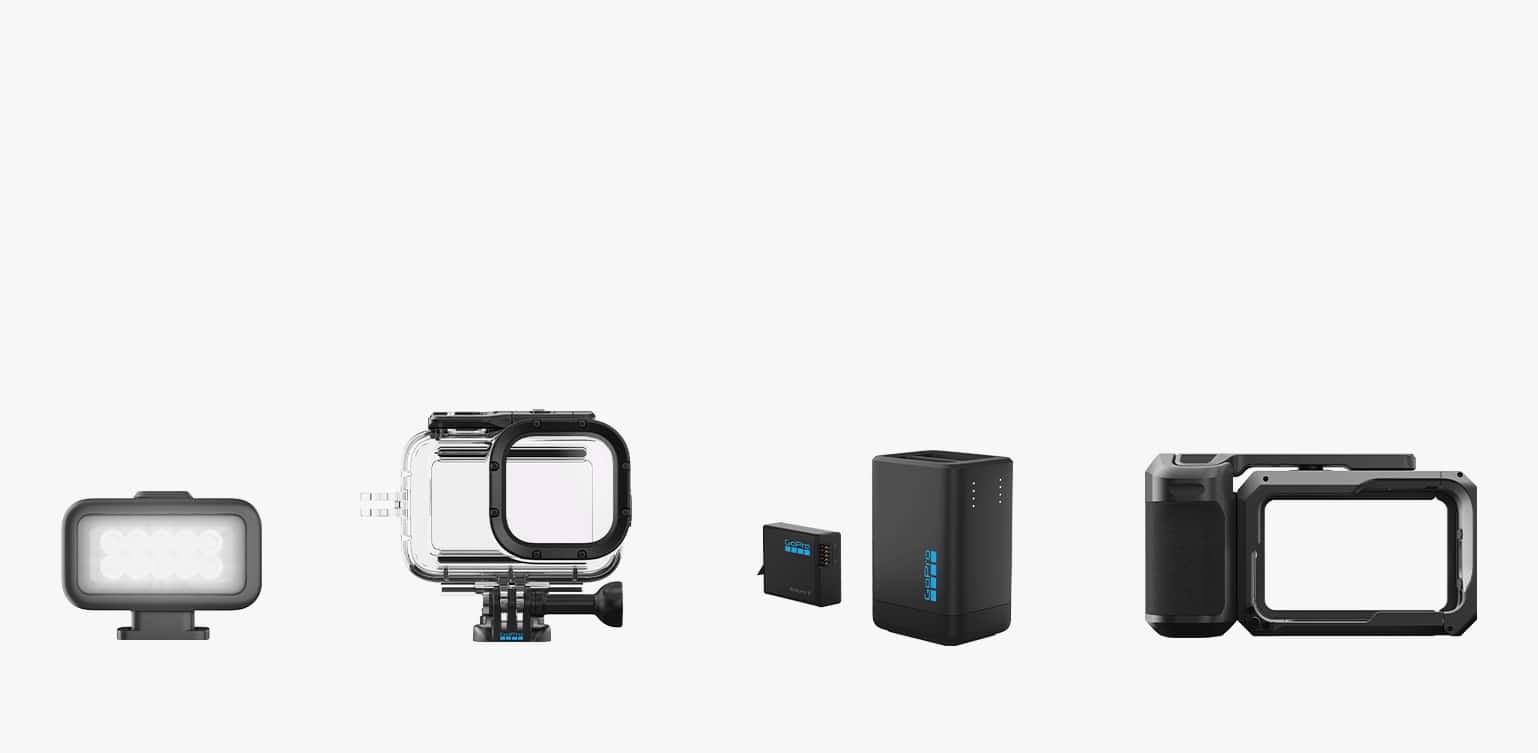 Action camera battery, cases and light