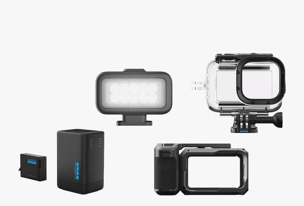 Action camera battery, cases and light