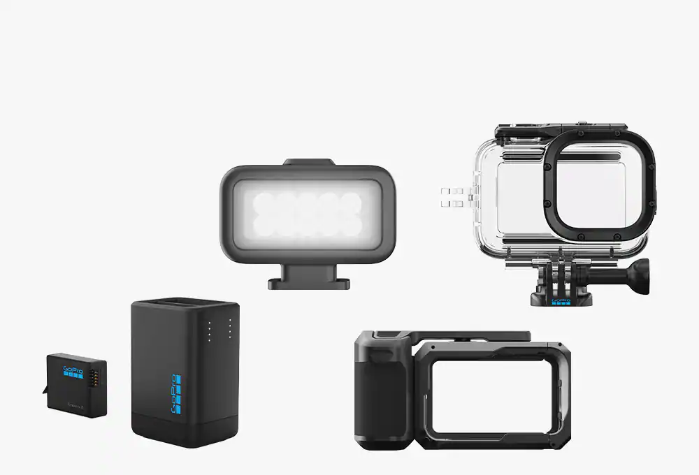 Action camera battery, cases and light