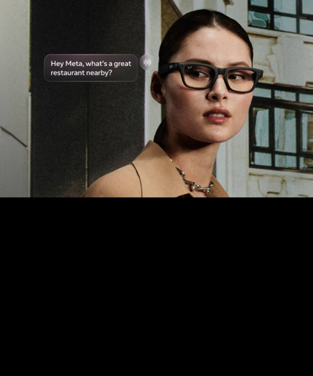 Woman asking her glasses: Hey Meta, what’s a great restaurant nearby? 