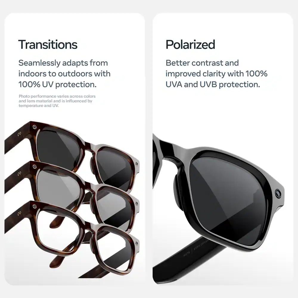Transitions. Seamlessly adapts from indoors to outdoors with 100% UV protection. Photo performance varies across colors and lens material and is influenced by temperature and UV. Polarized. Better contrast and improved clarity with 100% UVA and UVB protection.