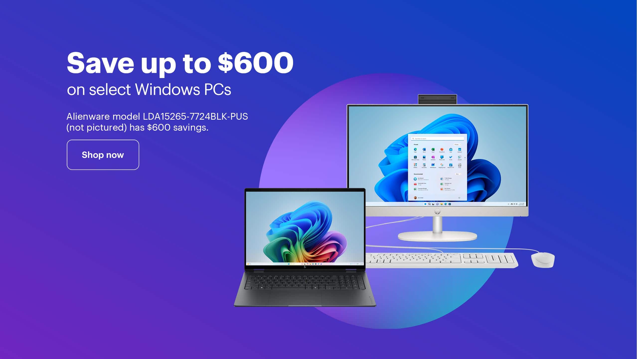 Save up to $600 on select Windows PCs. Alienware model LDA15265-7724BLK-PUS (not pictured) has $600 savings.