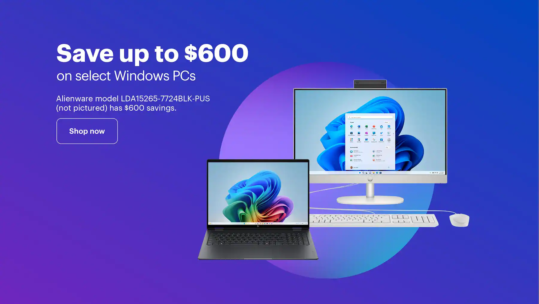 Save up to $600 on select Windows PCs. Alienware model LDA15265-7724BLK-PUS (not pictured) has $600 savings.