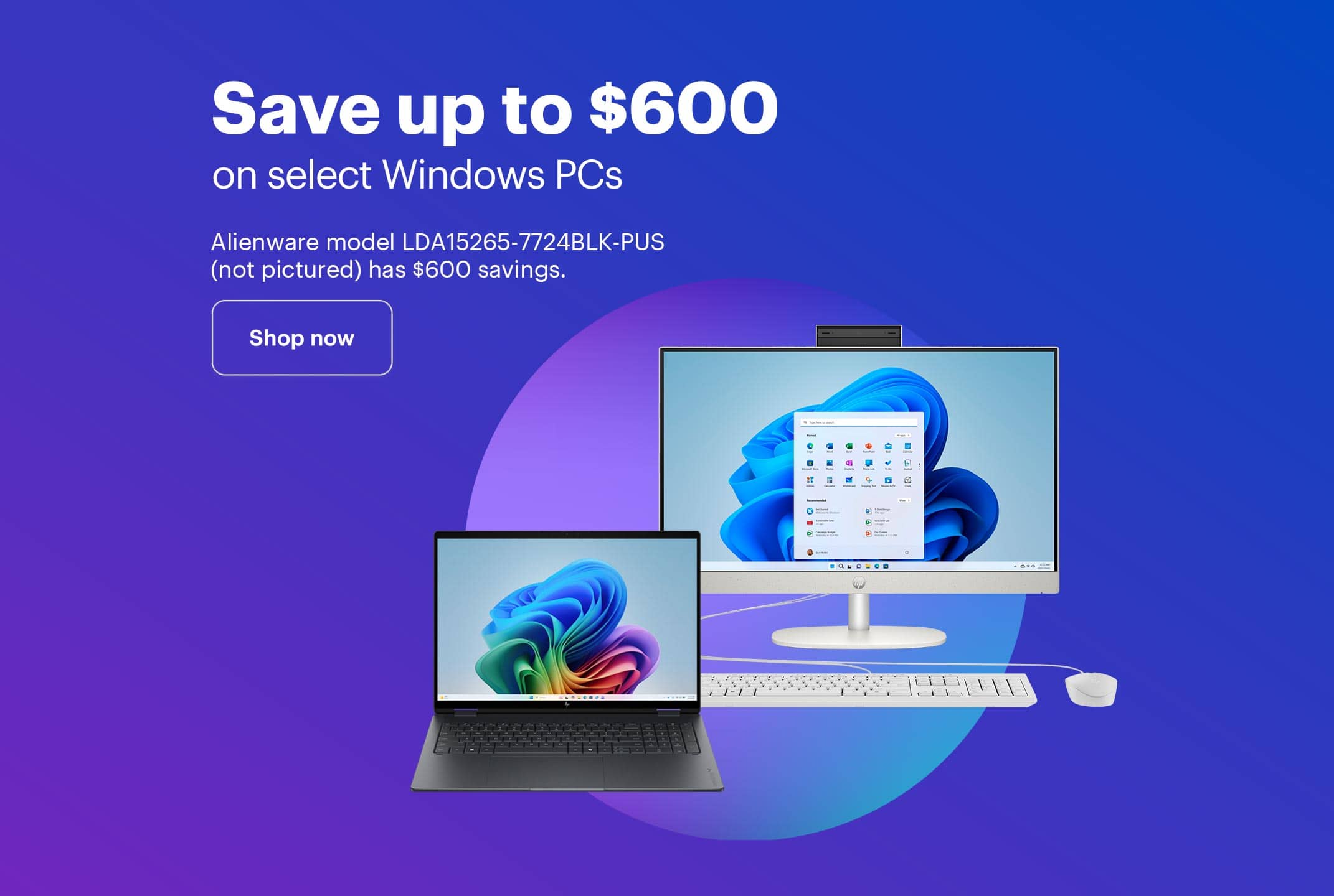 Save up to $600 on select Windows PCs. Alienware model LDA15265-7724BLK-PUS (not pictured) has $600 savings.