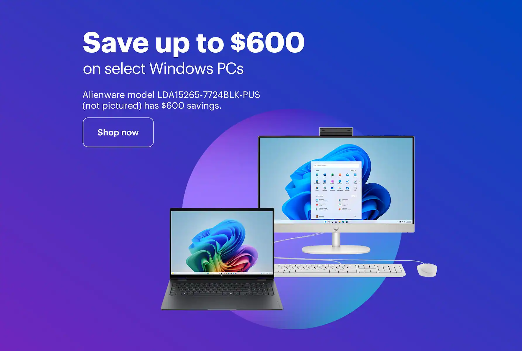 Save up to $600 on select Windows PCs. Alienware model LDA15265-7724BLK-PUS (not pictured) has $600 savings.