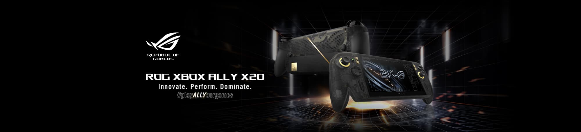 ROG XBOX Ally X20 handheld gaming devices. Innovate. Perform. Dominate. Play all your games.