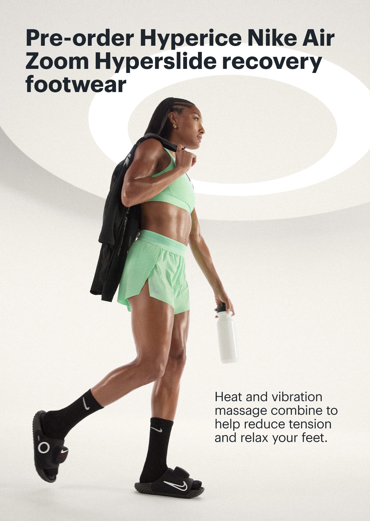 Pre-order Hyperice Nike Air Zoom Hyperslide recovery footwear. Heat and vibration massage combine to help reduce tension and relax your feet