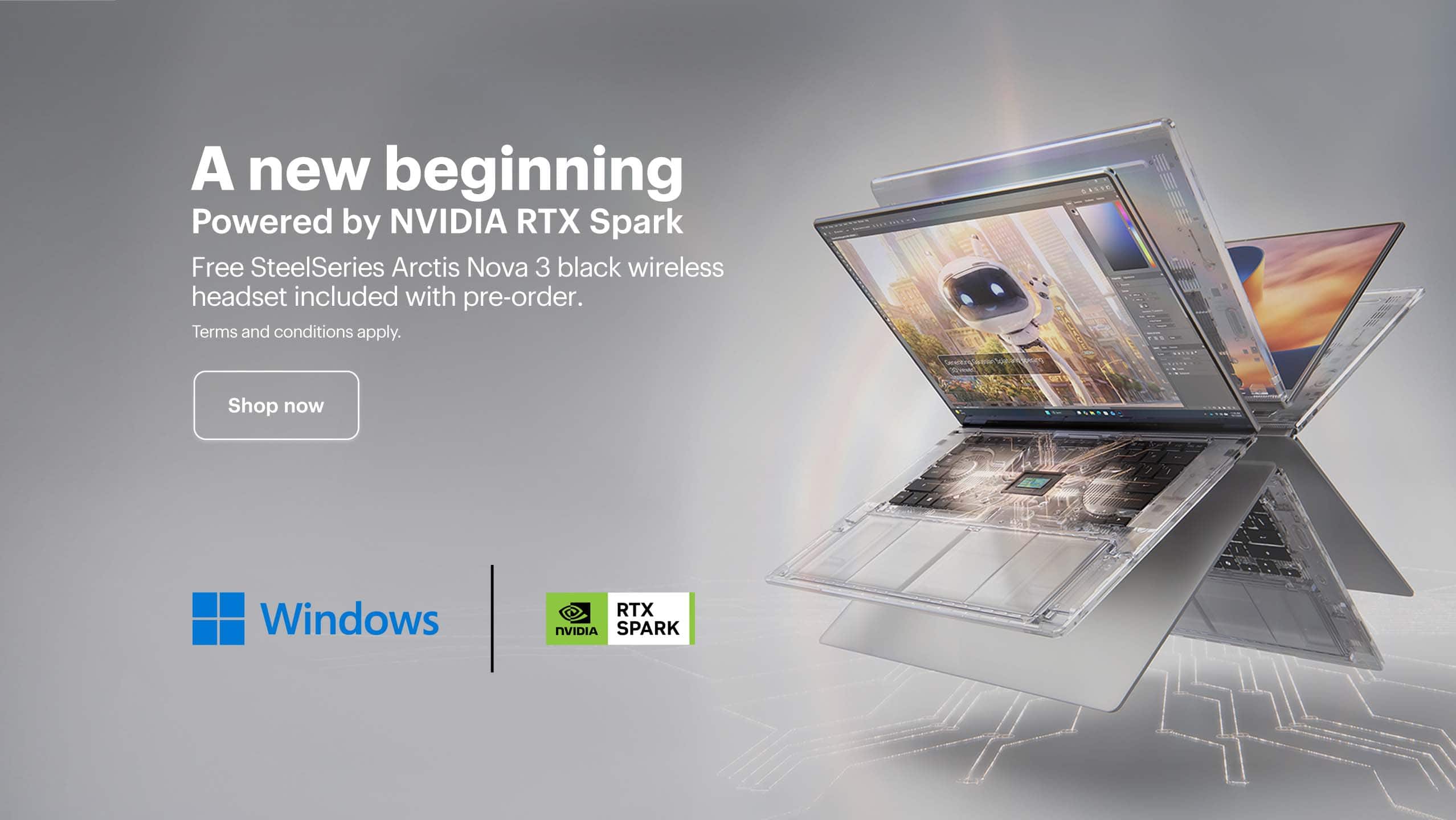 A new beginning. Powered by NVIDIA RTX Spark. Free SteelSeries Arctis Nova 3 black wireless headset included with pre-order. Terms and conditions apply. Reference disclaimer